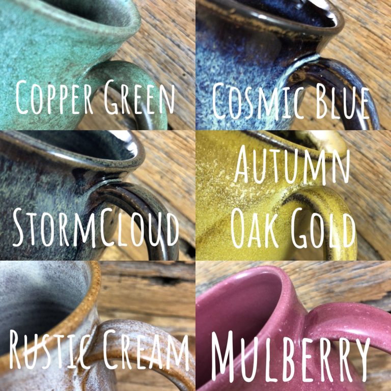 Six signature glaze colors: Copper Green, Cosmic Blue, StormCloud, Autumn Oak Gold, Rustic Cream, Mulberry